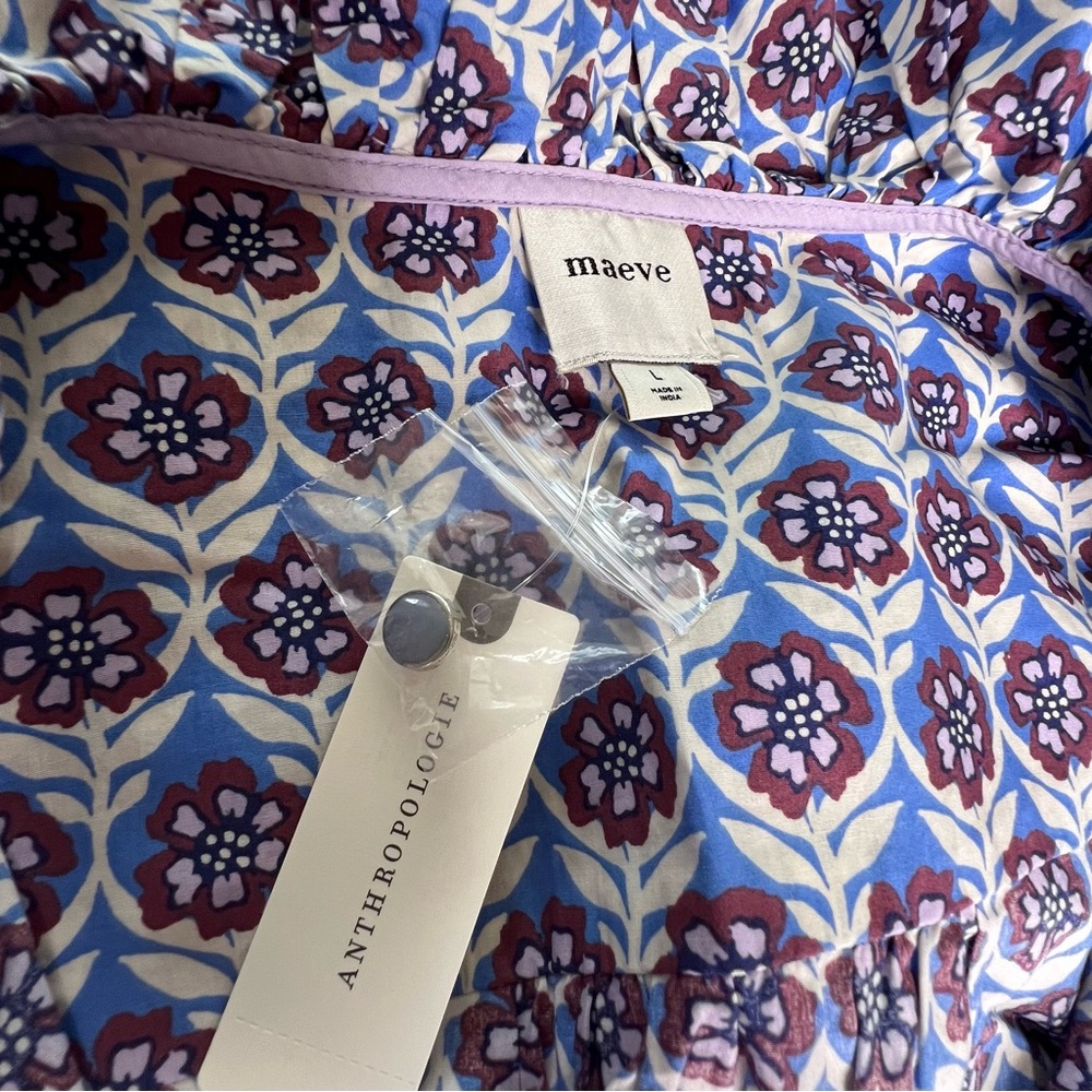 Maeve by Anthropologie Periwinkle Blue White Patterned Ruffled Top Large - Picture 3 of 7